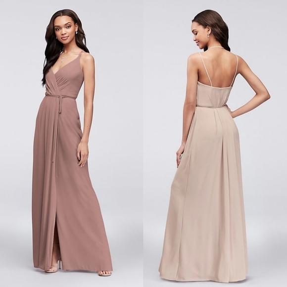 David's Bridal Quartz Lilac Georgette Double Maxi Wrap Bridesmaid Dress 6 - Picture 1 of 16